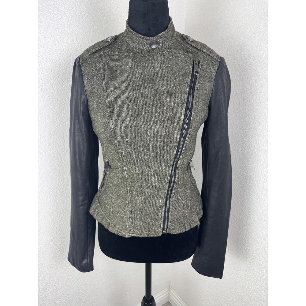 Burberry Brit Moto Jacket Leather Sleeve Wool Blend Gray Womens